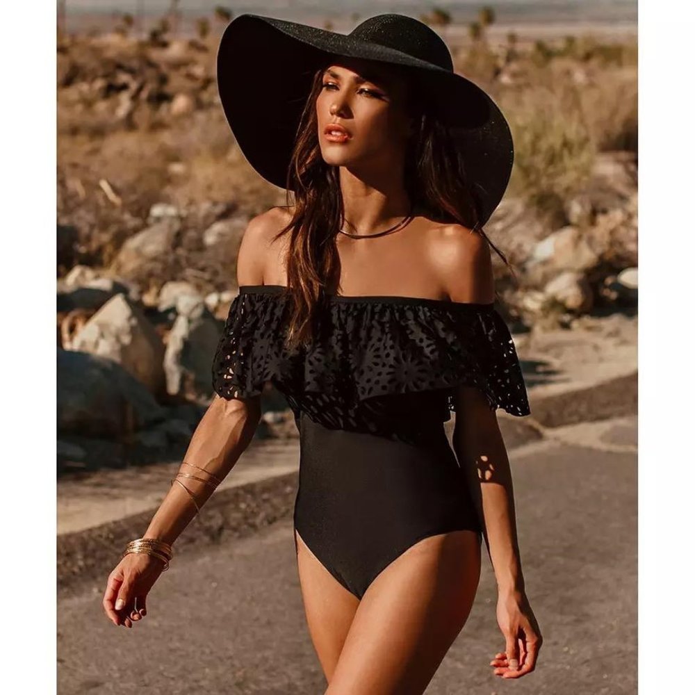off of shoulder black swimsuit barely worn
